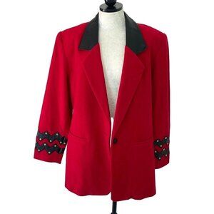 Vintage Womens Wool Blazer Red Size Large Black Leather Trim Nylon Cashmere